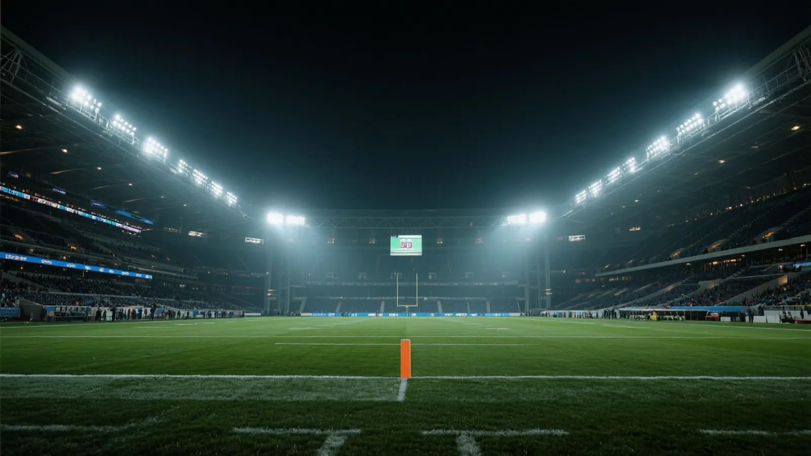 夜幕下球场灯光与足球